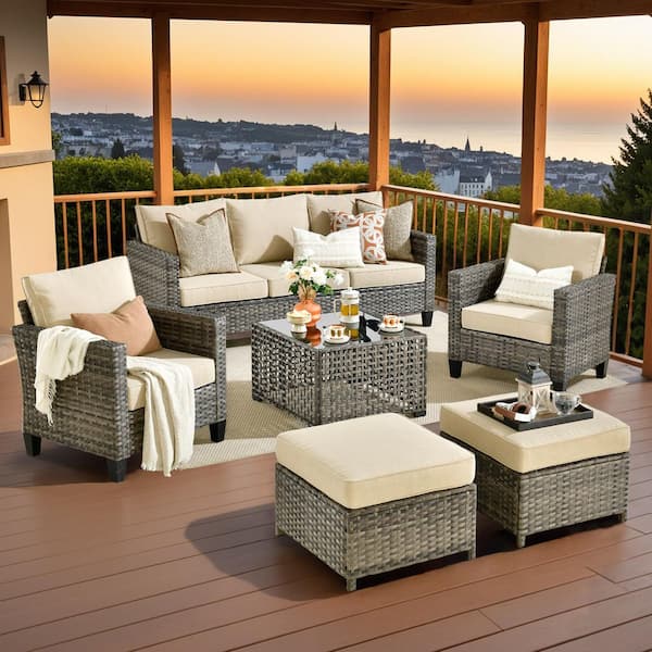 Audrey Gray 6-Piece Wicker Swivel Outdoor Patio Conversation Sofa with Coffee Table And Beige Cushions