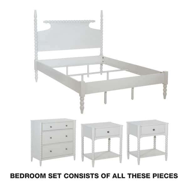 Spindle 4-Piece Sandcastle Antique White King Bedroom Set with Nightstands and Chest