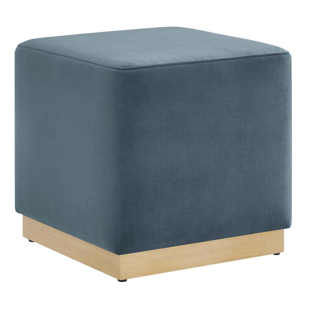 Cadet Blue Velvet Upholstered Ottoman with Rubberwood Base