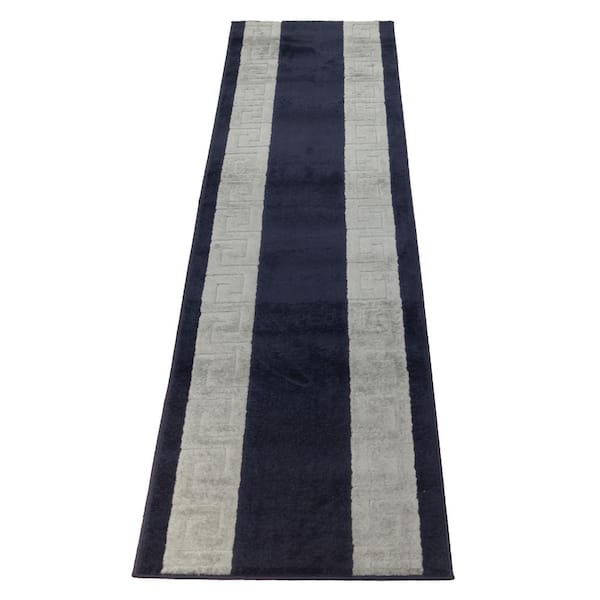 RugStylesOnline Euro Meander Design Navy 26 in. Width x 12 ft. Length Slip-Resistant Runner Rug