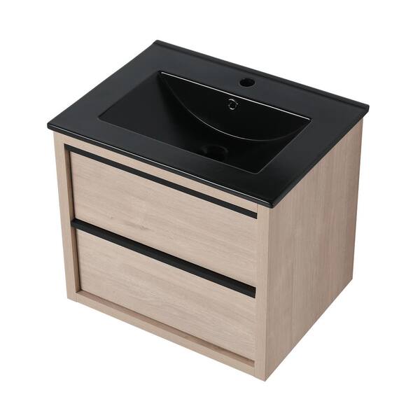 ANTFURN 18.31 in. W x 24.00 in. D x 21.25 in. H Floating Bath Vanity in Plain Light Oak with Black Ceramic Top