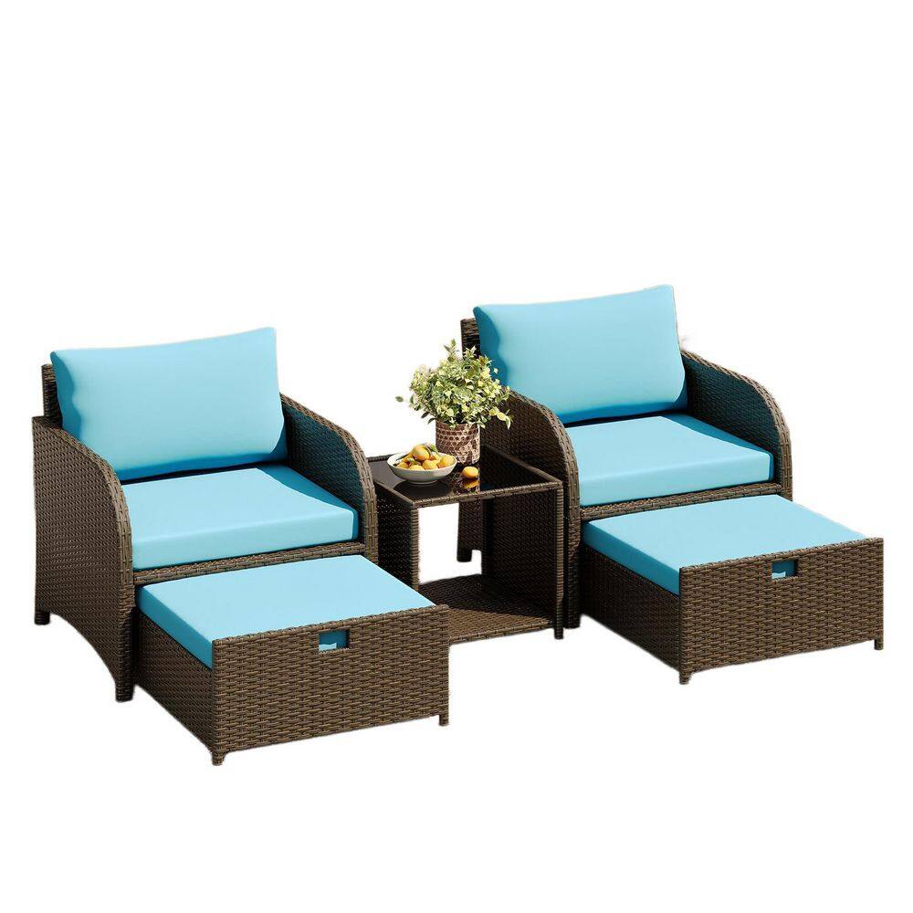 Brown 5-Piece Wicker Patio Conversation Set All Weather With Polyester Blue Cushions with Ottomans Footstools price history on PriceWatchPro