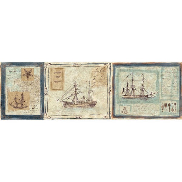 The Wallpaper Company 8.5 in. x 15 ft. Blue and Beige Nautical Ships Border