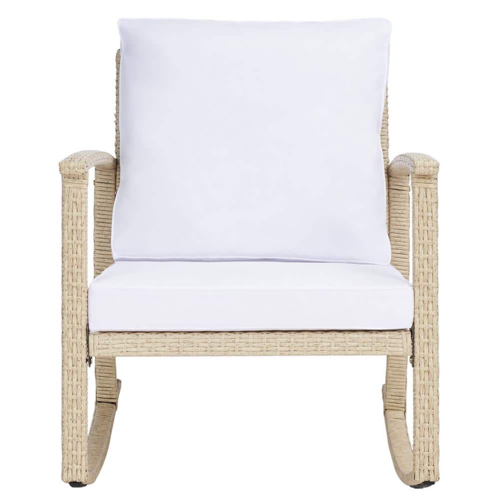 Beige and White Rattan Rocking Chair with Cushions