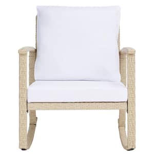 Daire Beige 1-Piece Wicker Outdoor Rocking Chair with White Cushion
