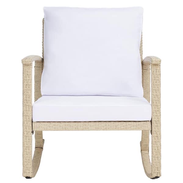 SAFAVIEH Daire Beige 1-Piece Wicker Outdoor Rocking Chair with White Cushion