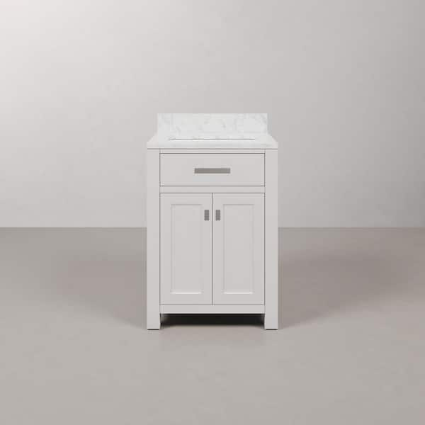 Madison 24 in. W x 21.5 in. D x 34 in. H Single Sink Bath Vanity in Pure White with Carrara White Marble Top