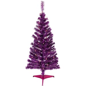 4 ft. Purple Pre-Lit Tinsel Artificial Christmas Tree with 70 Clear Lights