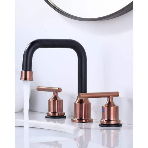 8 in. Widespread Double Handle High Arc Bathroom Faucet with Pop-up Drain and Supply Lines in Black and Gold (1-Pack)