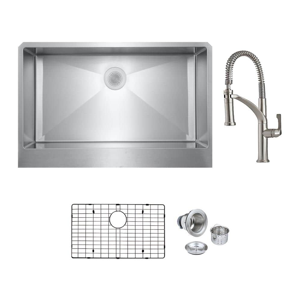 Bryn Stainless Steel 16- Gauge 36 in. Single Bowl Farmhouse Apron Kitchen Sink with Deluxe Faucet, Bottom Grid, Drain -  PELHAM & WHITE, PWS260-B