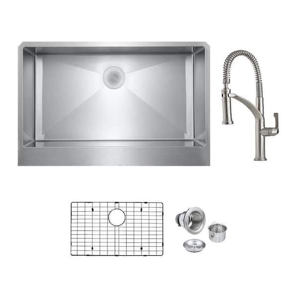 PELHAM & WHITE Bryn Stainless Steel 16- Gauge 36 in. Single Bowl Farmhouse Apron Kitchen Sink with Deluxe Faucet, Bottom Grid, Drain