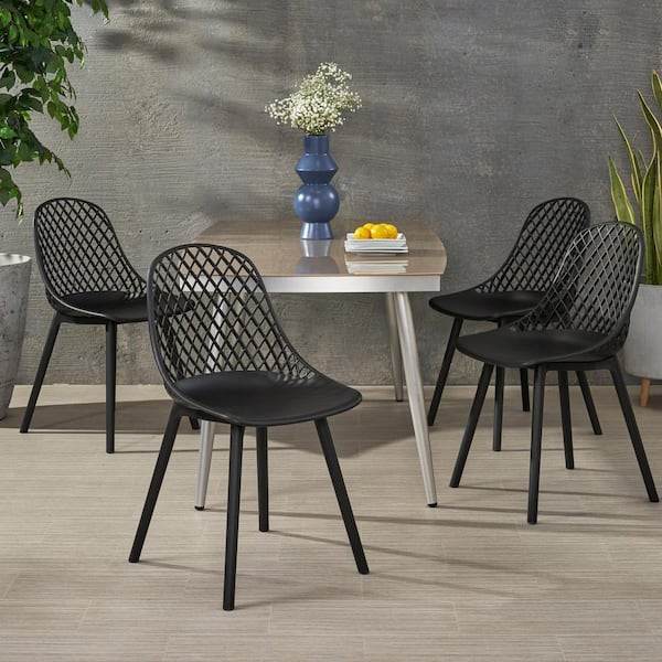 Noble House Lily Black Curved Plastic Outdoor Patio Dining Chair (4-Pack)