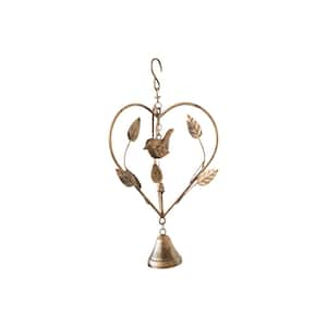 Hanging Metal Heart Shaped Decor with Leaves, Bird and Bell, Gold