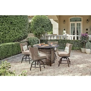 Hazelhurst 5-Piece Brown Wicker Outdoor Patio High Dining Fire Pit Seating Set with CushionGuard Almond Tan Cushions