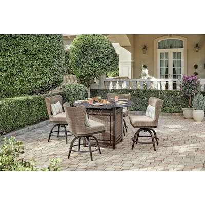 Hazelhurst 5-Piece Brown Wicker Outdoor Patio High Dining Fire Pit Seating Set with CushionGuard Almond Tan Cushions