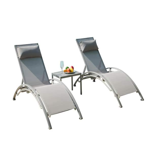 Zeus & Ruta 3-Piece Gray Aluminum Outdoor Chaise Lounge Chair Recliner with 5-Level Adjustable Backrest and Metal Side Table