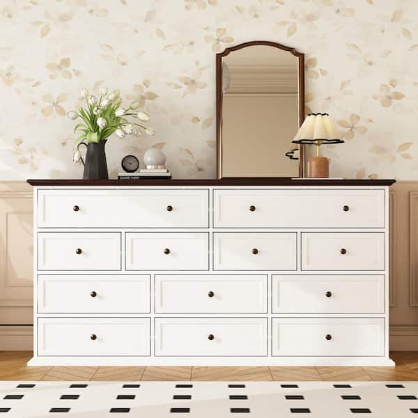 12-Drawer White Wood Dresser Storage Cabinet Vintage Style 31.5 in. H x 61 in. W x 15.7 in. D
