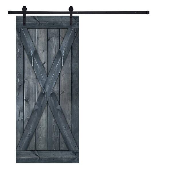 AIOPOP HOME X-Bar Serie 36 in. x 84 in. Icy Gray Knotty Pine Wood DIY Sliding Barn Door with Hardware Kit