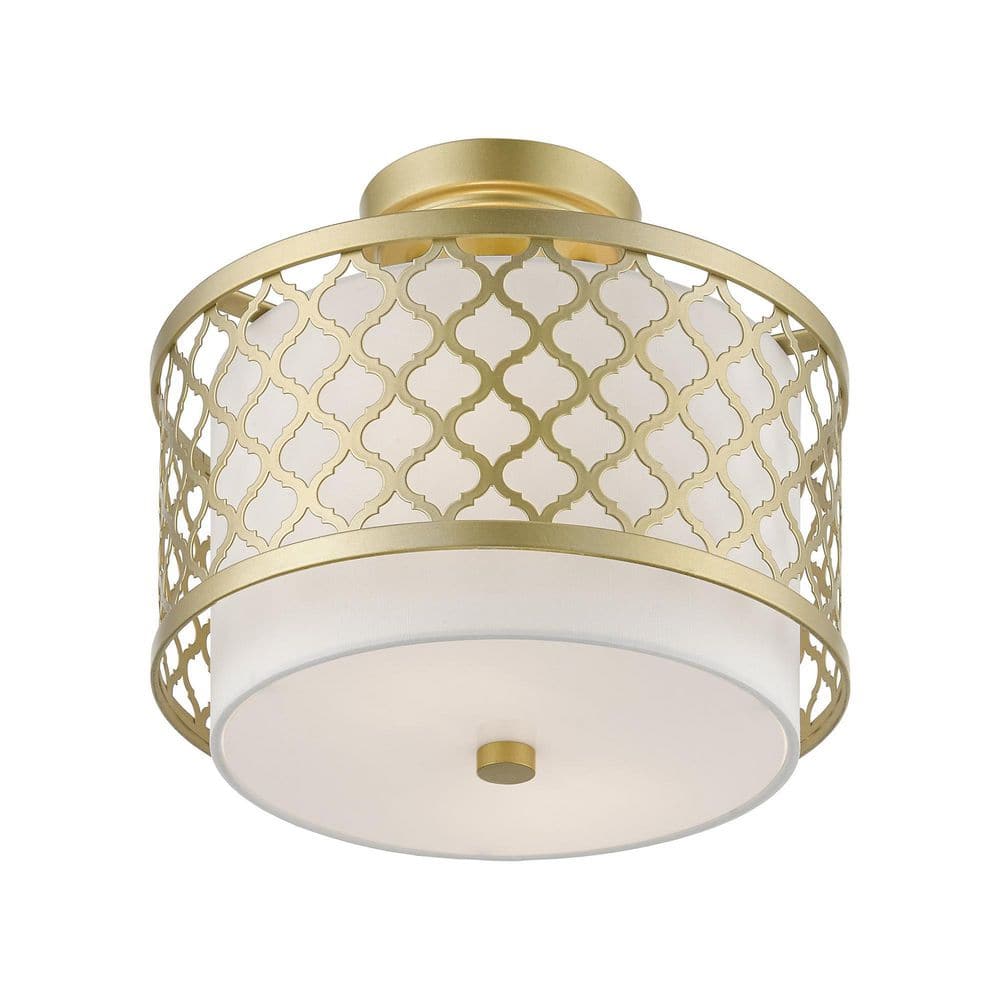 Arabesque Soft Gold Drum Semi-Flush Mount with Off-White Shade