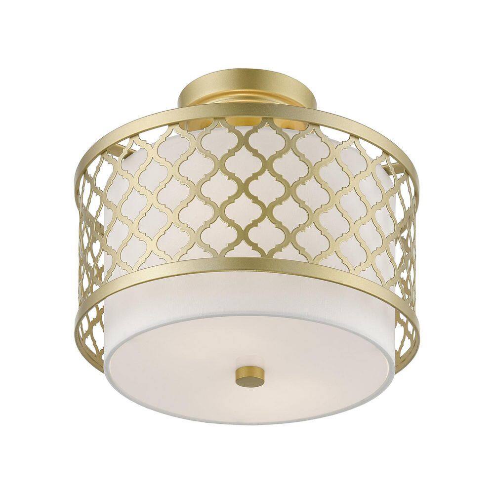 Arabesque Soft Gold Drum Semi-Flush Mount with Off-White Shade