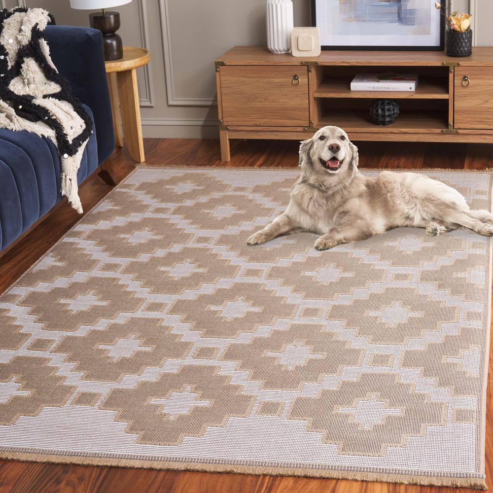 Ivory and Natural Geometric Flat Woven Wool Area Rug