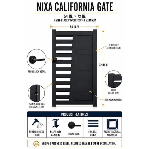 Nixa Doors California Gate 54 in. x 72 in. Black Aluminum Gate
