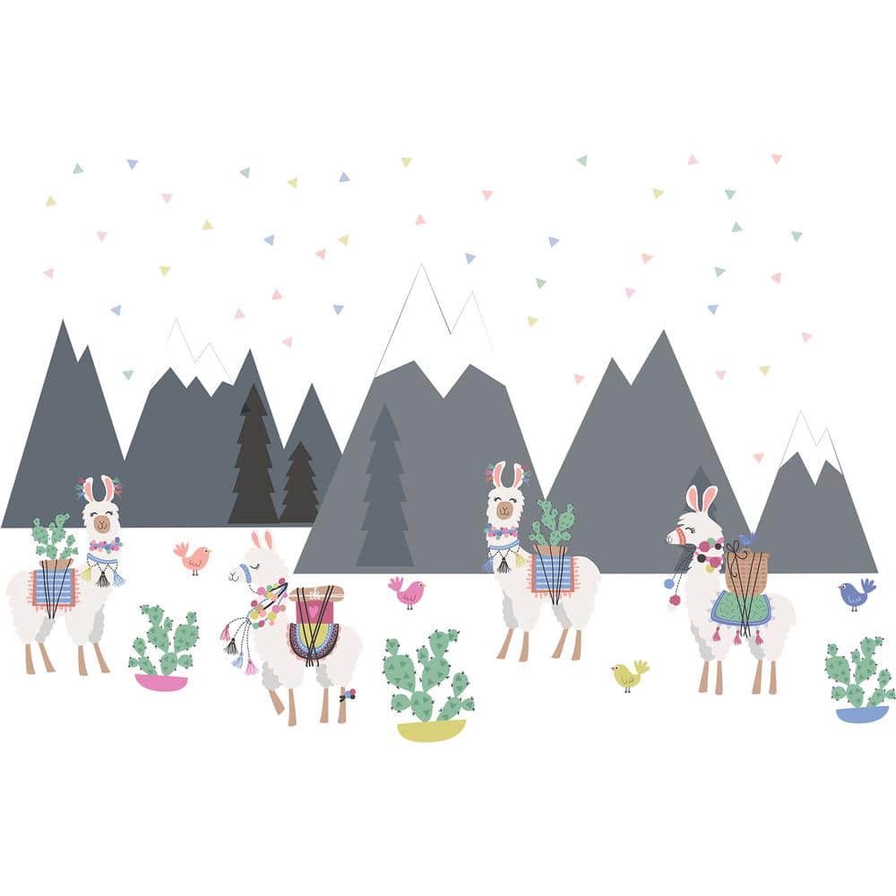 Gray and White Cartoon Llama Wall Decals with Pom Poms