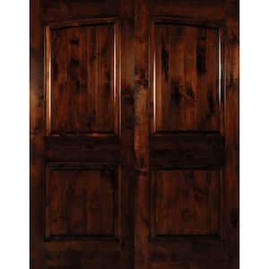 72 in. x 80 in. Rustic Knotty Alder 2-Panel Common Arch Red Mahogony Stain Left-Hand Wood Double Prehung Front Door