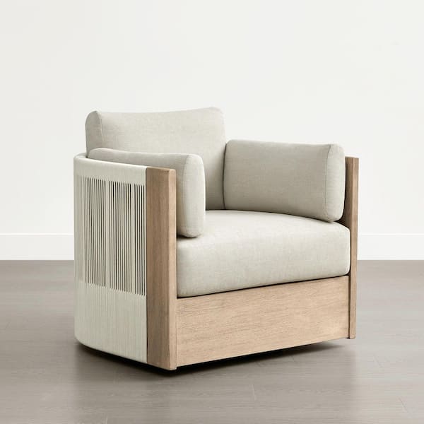 Lazlo Cream Fully Assembled Wood Swivel Outdoor Lounge Chair with Handwoven Rope and Extra Thick Cushions for Patio