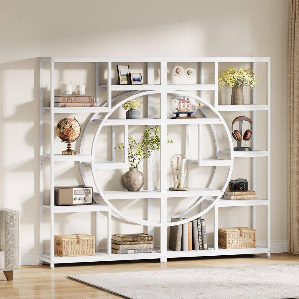 Two white industrial 9-shelf etagere bookcases placed side-by-side forming a large circular design.
