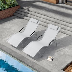 Light Gray Metal Outdoor Chaise Lounge with Arms and Headrest (2-Pack)