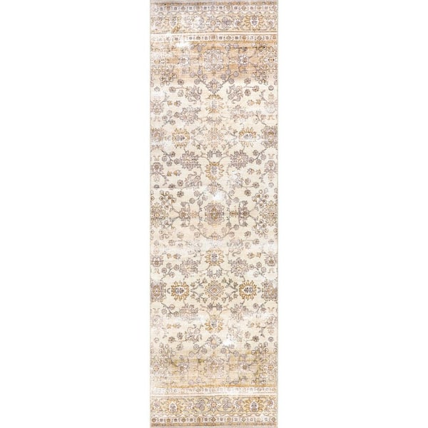 nuLOOM Deadra Vintage Floral Machine Washable Area Rug Beige 2 ft. 6 in. x 12 ft. Runner Rug