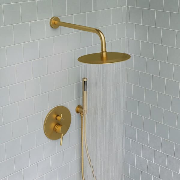 2-Handle 10 in. Round 2.5 GPM Wall Mount 2-Spray Tub and Shower Faucet in Pressure Balance Brushed Gold Valve Include