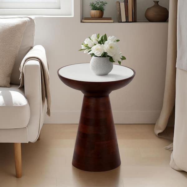 Liv & Skye 16 in. Brown/White Round Wood Accent Table with Marble Top