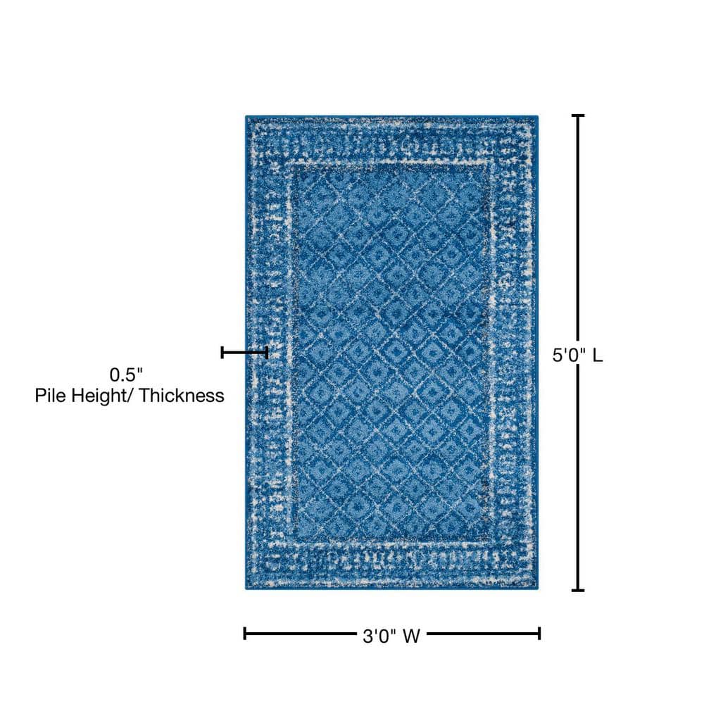 Light Blue and Dark Blue Floral Motif Area Rug