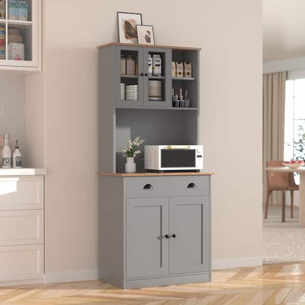 VEIKOUS Kitchen Pantry Organizers with Adjustable Shelves, Buffet Cupboard and Microwave Stand in Gray