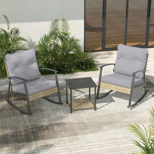 JOYESERY Outdoor Rocking Bistro Set  Patio Porch Furniture Patio Chairs (Set of 2) with Side Table and Gray Cushions (3-Piece)