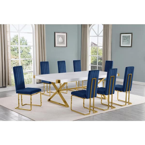 Best Quality Furniture Miguel 9-Piece Rectangle White Wood Top Gold Stainless Steel Dining Set with 8 Navy Blue Velvet Chairs