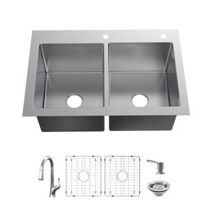 AIO Dolancourt Tight Radius Drop-in/Undermount 18G Stainless Steel 33 in. Double Bowl Kitchen Sink with Pull-Down Faucet