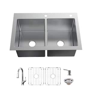 Dolancourt Tight Radius 33 in. Drop-In 50/50 Double Bowl 18 Gauge Stainless Steel Kitchen Sink with Pull-Down Faucet