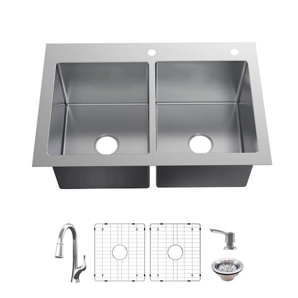 Glacier Bay Dolancourt Tight Radius 33 in. Drop-In 50/50 Double Bowl 18 Gauge Stainless Steel Kitchen Sink with Pull-Down Faucet