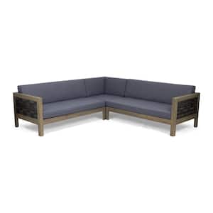 Linwood gray 3-Piece Wood and Wicker Outdoor Patio Sectional Set with Dark gray Cushions