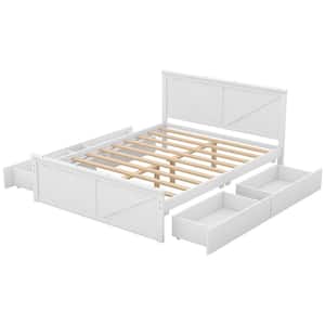 White Wood Frame Queen Size Platform Bed with Storage Drawers