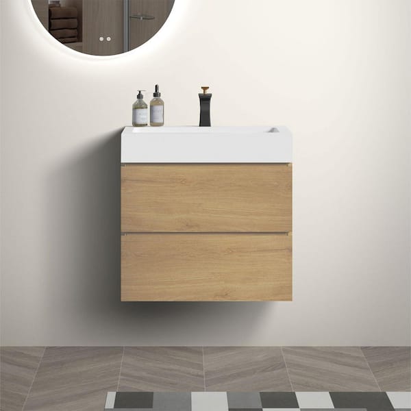 INSTER NOBLE 24 in. W x 18 in. D x 25 in. H Single Sink Freestanding Bath Vanity in Oak with White Solid Surface Integral Top