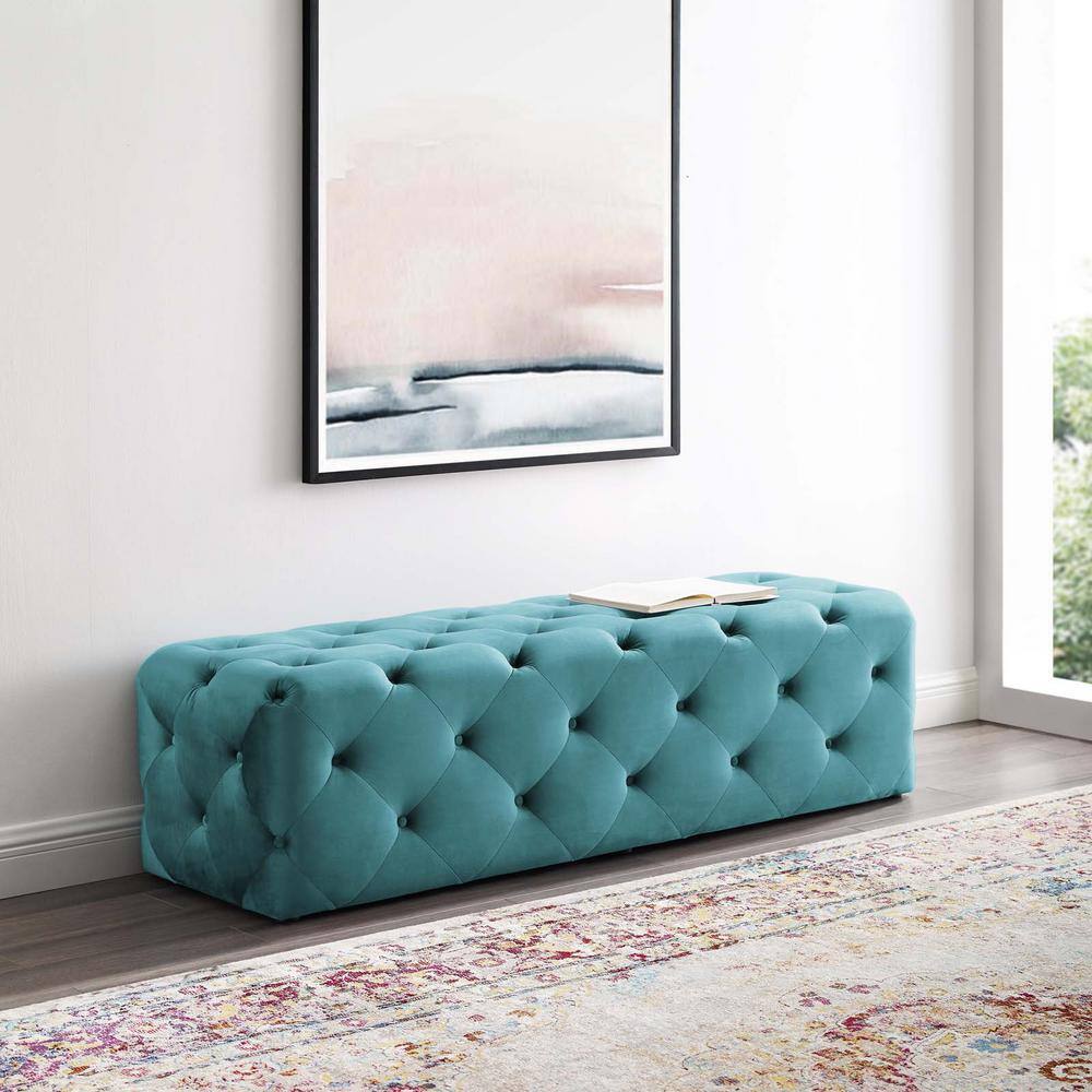 Sea Blue Velvet Tufted 60" Bench with Deep Button Detailing