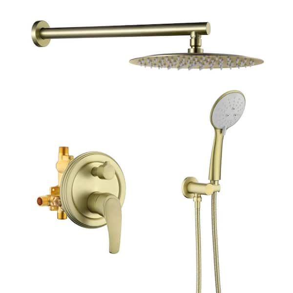 FLG Single-Handle 5-Spray Round Shower Faucet with 10 in. Shower Head and Hand Shower in Brushed Gold (Valve Included)