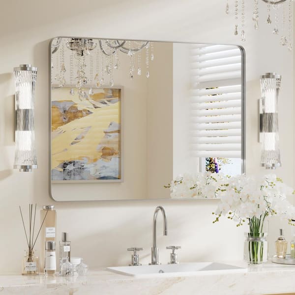 PRIMEPLUS 30 in. W x 40 in. H Large Modern Rectangle Stainless Steel Wall Mirror Bathroom Mirror Vanity Mirror in Brushed Silver