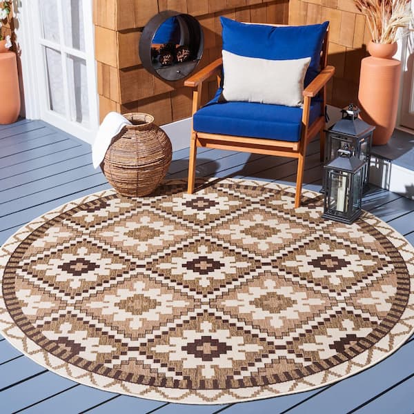 Veranda Creme/Brown 7 ft. x 7 ft. Southwestern Tribal Indoor/Outdoor Round Area Rug