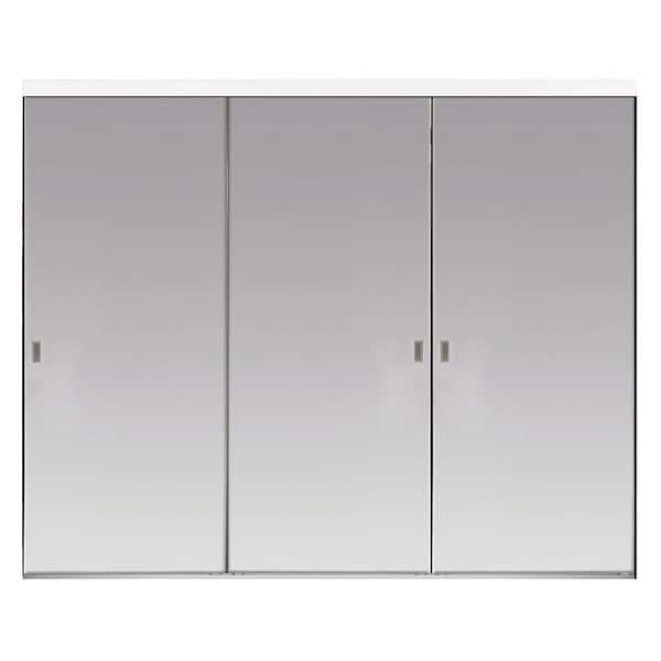 108 in. x 80 in. Beveled Edge Backed Mirror Aluminum Frame Interior Closet Sliding Door with White Trim