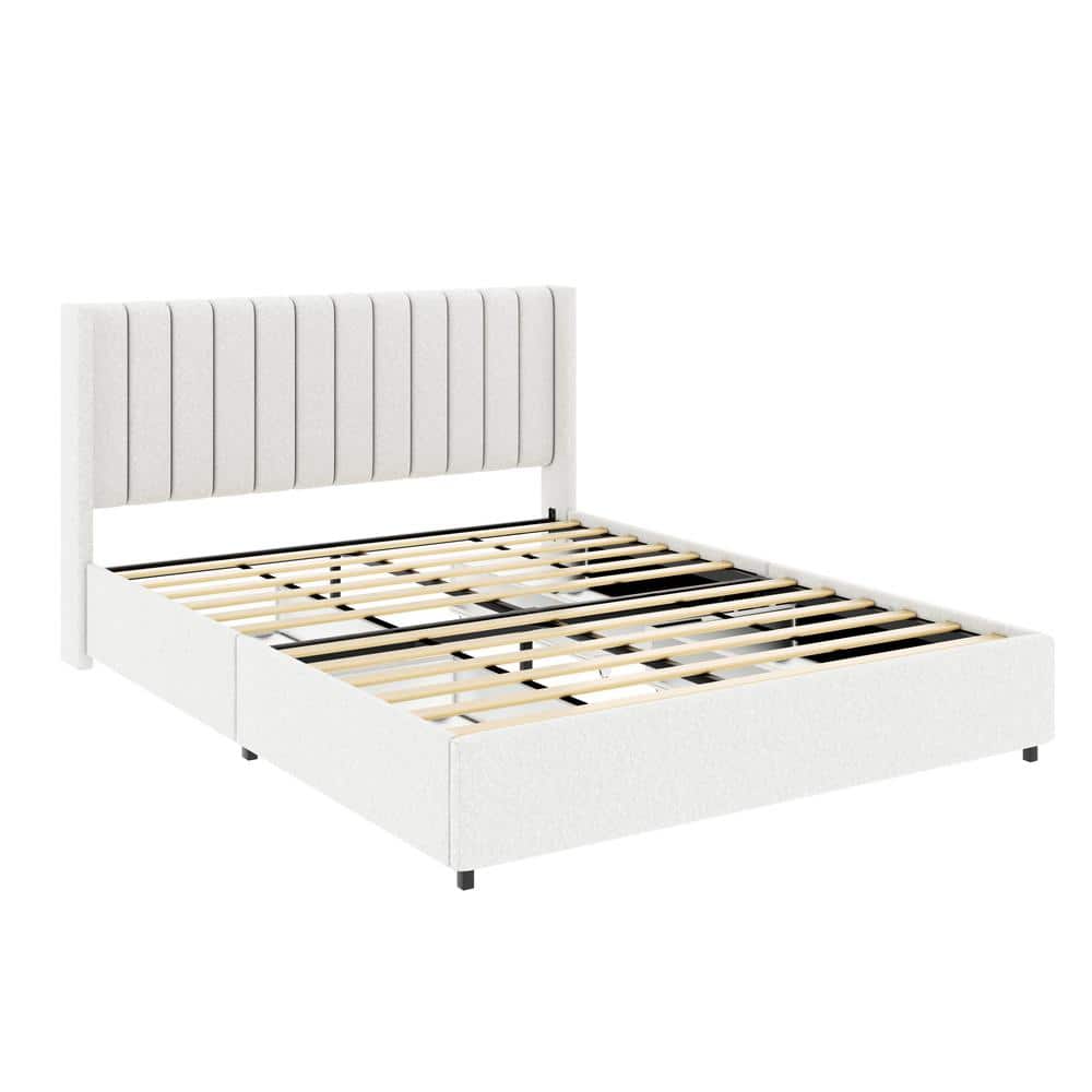 Ivory Boucle Upholstered Queen Platform Bed with Metal Frame and 4 Storage Drawers